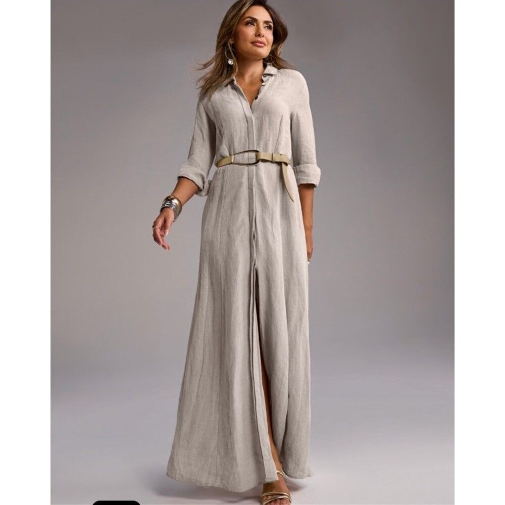 Boston Proper Linen Blend Maxi Shirt Dress Flax Beige 3/4 Sleeve Belted Large